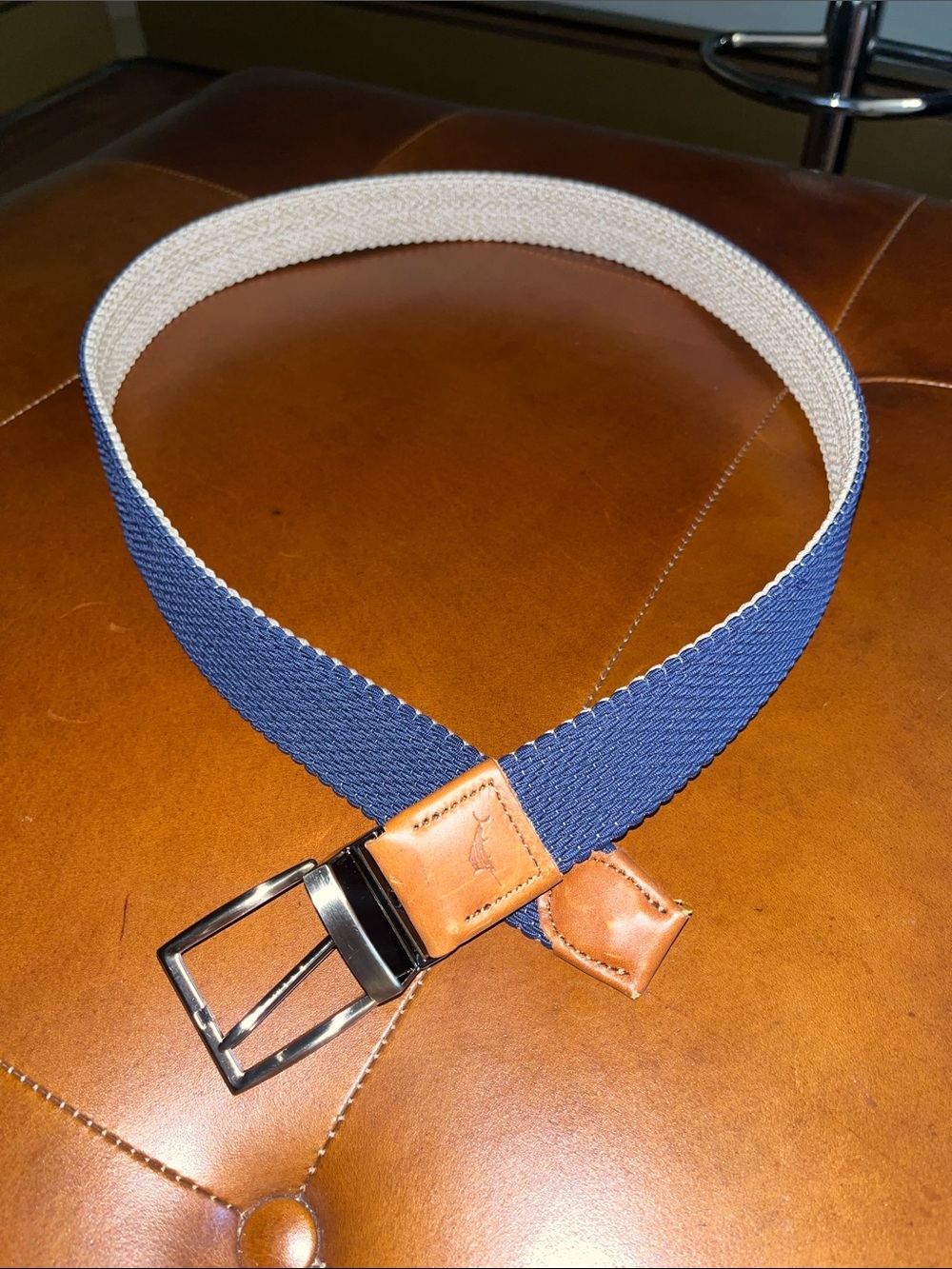 Tommy Bahama reversible Blue & tan Elastic Web Belt with Brown Leather Trim